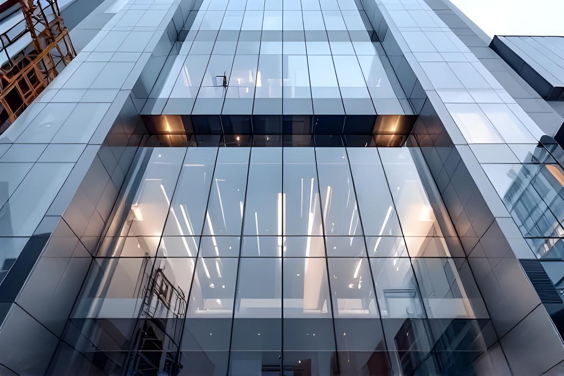Frente de obra con perfiles de aluminio instalados en un edificio corporativo, con terminaciones limpias y líneas rectas