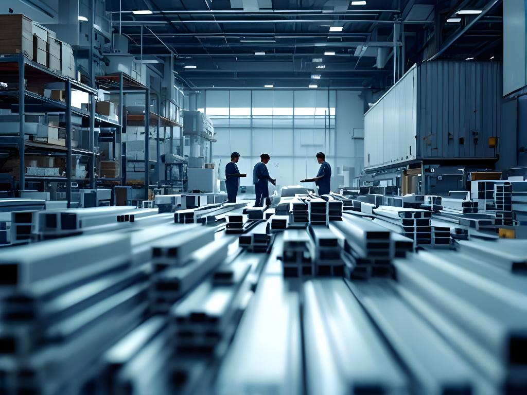 Planta de fabricación de aluminio con perfiles ordenados y operarios revisando documentación en un espacio industrial prolijo