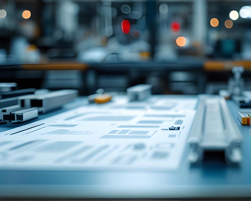 Planos, perfiles de aluminio y documentación técnica sobre una mesa de trabajo luminosa en un taller industrial