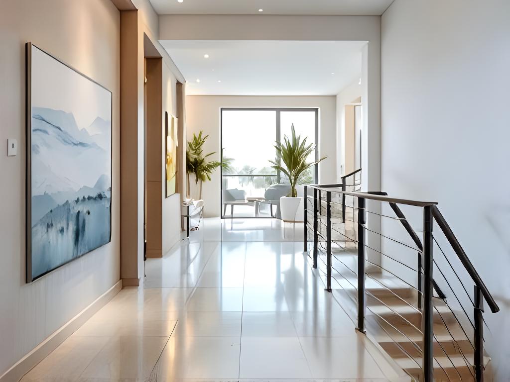 Barandas y escaleras de aluminio instaladas en un complejo residencial con pasillo luminoso y líneas modernas
