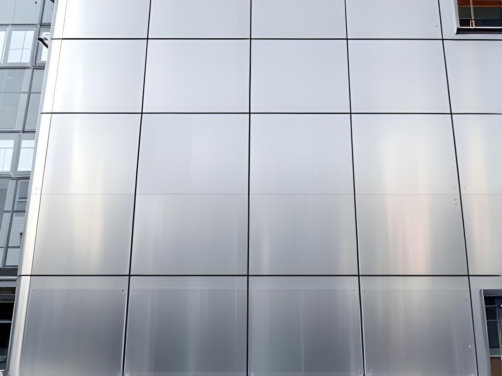 Revestimiento de fachada de un edificio corporativo con paños de aluminio alineados y reflejos suaves