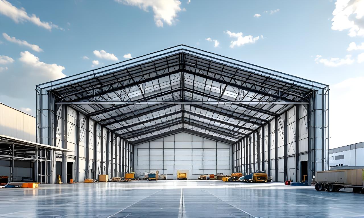 Galpón industrial construido con perfiles estructurales de aluminio en una planta amplia