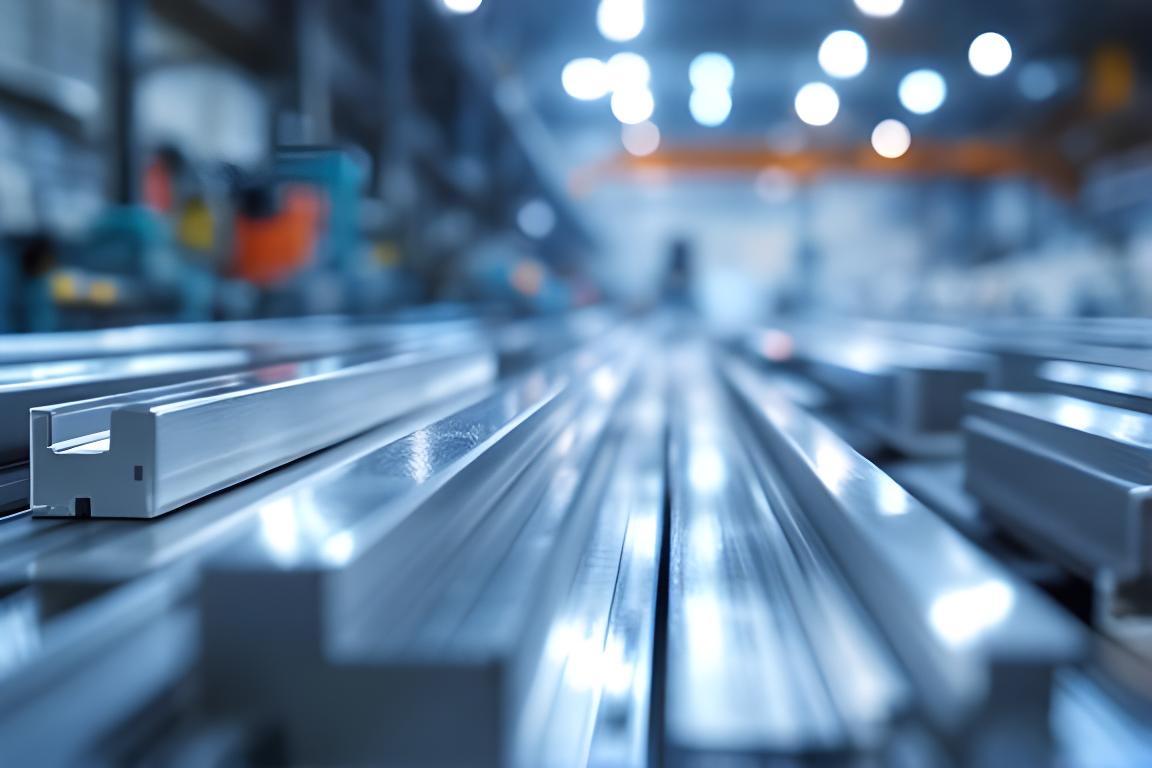 Perfil de aluminio recién extruido en una nave industrial luminosa, con líneas metálicas en primer plano
