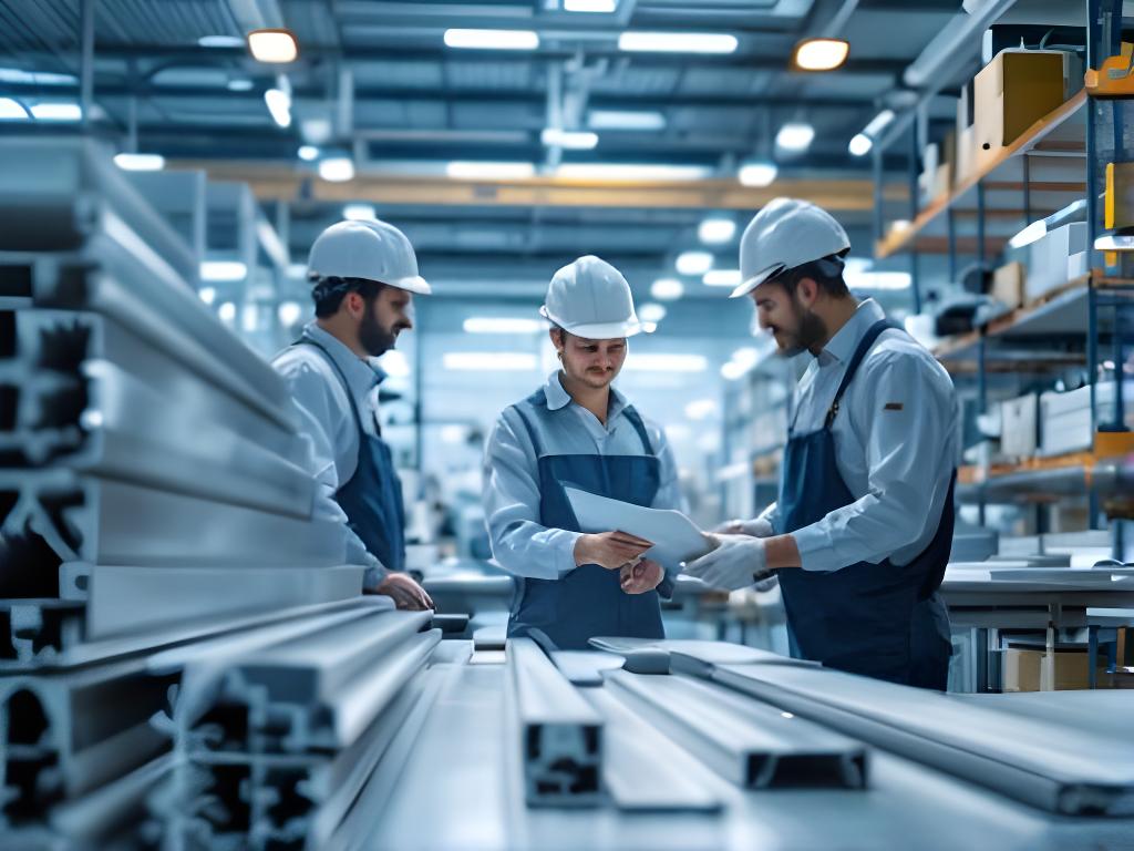 Equipo técnico revisando perfiles de aluminio en una planta industrial luminosa en Comodoro Rivadavia