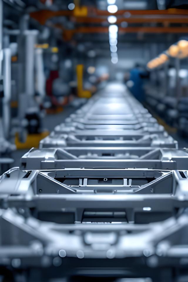 Bastidores de aluminio alineados en una línea de producción automotriz con control de calidad